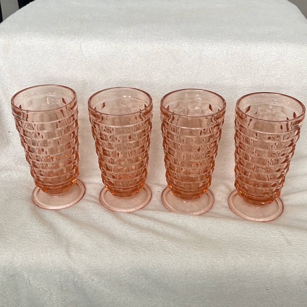 Vtg 4 Indiana Whitehall Peach Pink Ice Tea Cooler Drinking Glasses Cubist - Picture 3 of 14